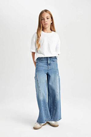 DeFacto Kız Çocuk Wide Leg Kargo Cepli Geniş Bol Paça Jean Pantolon D4689A824AUNM63