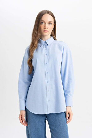 DeFacto Relax Fit Gömlek Yaka Oxford Uzun Kollu Basic Düz Gömlek Tunik B8309AX24AUBE409