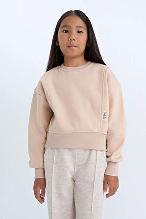 DeFacto Kız Çocuk Relax Fit Bisiklet Yaka Basic Düz İçi Yumuşak Tüylü Kalın Sweatshirt D4298A824WNBG390