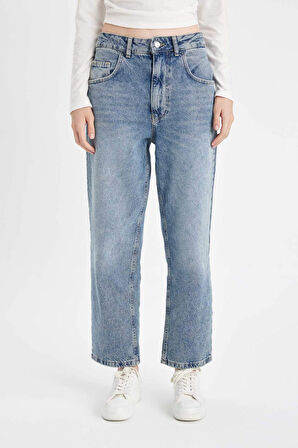 DeFacto Baggy Fit Yüksek Bel Katlamalı Paça Bilek Boy Jean Yıkamalı Pantolon D5442AX24AUNM34