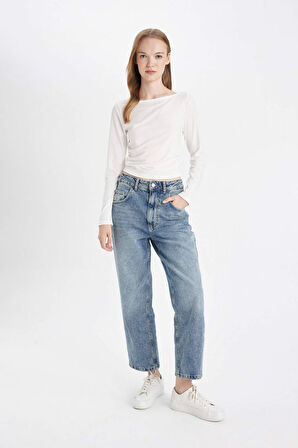 DeFacto Baggy Fit Yüksek Bel Katlamalı Paça Bilek Boy Jean Yıkamalı Pantolon D5442AX24AUNM34
