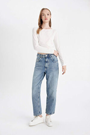 DeFacto Baggy Fit Yüksek Bel Katlamalı Paça Bilek Boy Jean Yıkamalı Pantolon D5442AX24AUNM34