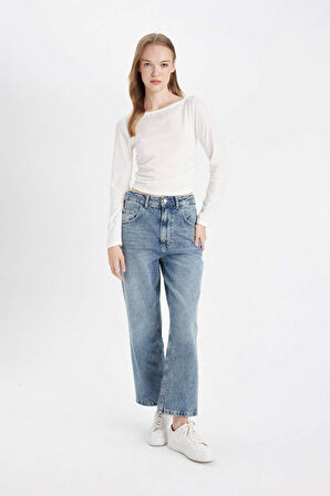 DeFacto Baggy Fit Yüksek Bel Katlamalı Paça Bilek Boy Jean Yıkamalı Pantolon D5442AX24AUNM34