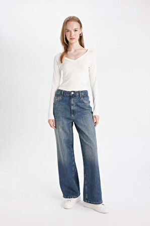 DeFacto Baggy Fit Yüksek Bel Katlamalı Paça Bilek Boy Yıkamalı Jean Pantolon D5441AX24AUNM34