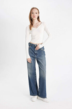DeFacto Baggy Fit Yüksek Bel Katlamalı Paça Bilek Boy Yıkamalı Jean Pantolon D5441AX24AUNM34