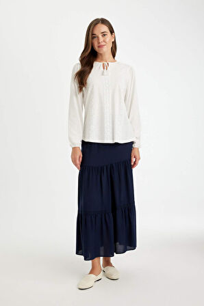 DeFacto Regular Fit Bisiklet Yaka Bağlamalı Flamlı Pamuk Uzun Kollu Tişört D6457AX24AUER105