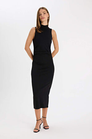 DeFacto Bodycon Vücudu Saran Basic Düz Yarım Balıkçı Yaka Kolsuz Maxi Siyah Elbise D5067AX24AUBK81