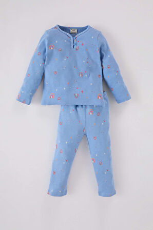 DeFacto Kız Bebek Pijama Takımı Gökkuşağı Baskılı Uzun Kollu Fitilli Kaşkorse Üst Uzun Alt D5371A524WNBE303