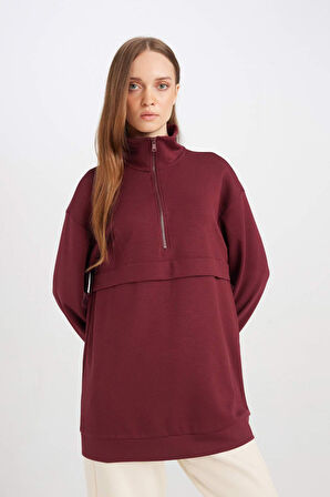 DeFacto Yarım Fermuarlı Dik Yaka Basic Düz Sweatshirt Tunik D1615AX24AUBR98