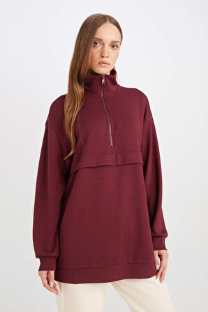 DeFacto Yarım Fermuarlı Dik Yaka Basic Düz Sweatshirt Tunik D1615AX24AUBR98