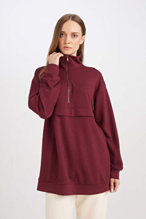 DeFacto Yarım Fermuarlı Dik Yaka Basic Düz Sweatshirt Tunik D1615AX24AUBR98