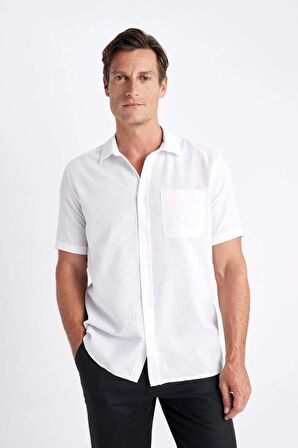 DeFacto Regular Fit Yazlık Keten Karışımlı Polo Yaka Kısa Kollu Beyaz Gömlek D4497AX24SMWT34