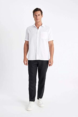 DeFacto Regular Fit Yazlık Keten Karışımlı Polo Yaka Kısa Kollu Beyaz Gömlek D4497AX24SMWT34