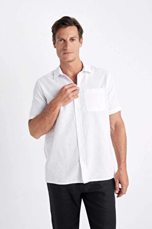 DeFacto Regular Fit Yazlık Keten Karışımlı Polo Yaka Kısa Kollu Beyaz Gömlek D4497AX24SMWT34