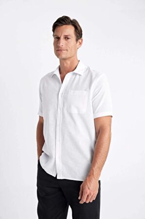 DeFacto Regular Fit Yazlık Keten Karışımlı Polo Yaka Kısa Kollu Beyaz Gömlek D4497AX24SMWT34