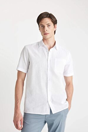DeFacto Regular Fit Yazlık Keten Karışımlı Polo Yaka Kısa Kollu Beyaz Gömlek D4498AX24SMWT34