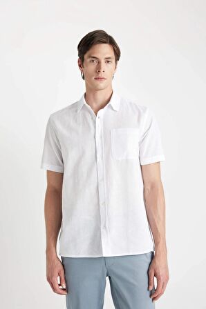 DeFacto Regular Fit Yazlık Keten Karışımlı Polo Yaka Kısa Kollu Beyaz Gömlek D4498AX24SMWT34