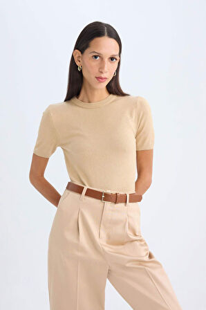 DeFacto Fitted Yumuşak Dokulu Bisiklet Yaka Kısa Kollu Triko Kazak A4737AX24AUBG269