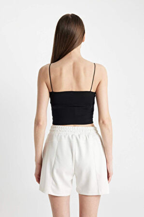 Fall in Love İp Askılı Crop Pamuklu Siyah Atlet