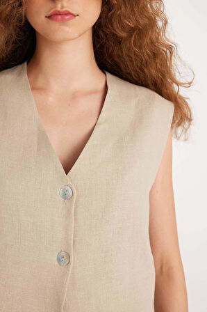 DeFacto x Manuka V Yaka Keten Basic Düz Blazer Yelek D4391AX24HSBG281