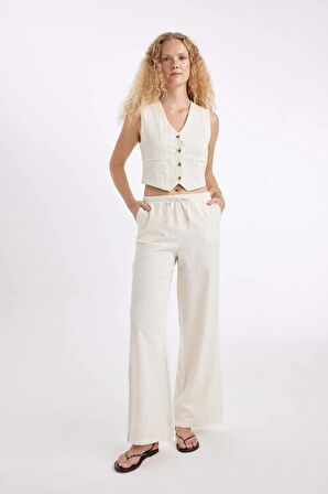 DeFacto Keten Karışımlı Pantolon Wide Leg Geniş Bol Paça Bağcıklı Üç Cepli Basic Düz Normal Bel Standart Boy D1010AX24HSER42