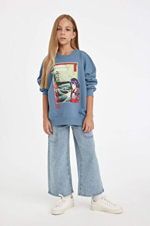 DeFacto Kız Çocuk Hatsune Miku Relax Fit Bisiklet Yaka İçi Yumuşak Tüylü Sweatshirt D1120A824AUIN242