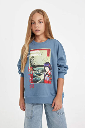DeFacto Kız Çocuk Hatsune Miku Relax Fit Bisiklet Yaka İçi Yumuşak Tüylü Sweatshirt D1120A824AUIN242
