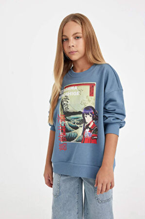 DeFacto Kız Çocuk Hatsune Miku Relax Fit Bisiklet Yaka İçi Yumuşak Tüylü Sweatshirt D1120A824AUIN242