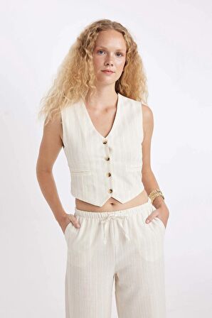 DeFacto Regular Fit V Yaka Keten Karışımlı Yelek D3474AX24HSER42