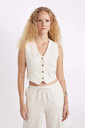 DeFacto Regular Fit V Yaka Keten Karışımlı Yelek D3474AX24HSER42