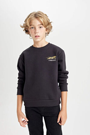 DeFacto Erkek Çocuk Baskılı Bisiklet Yaka Baskılı Kalın Siyah Sweatshirt D3091A824AUAR138