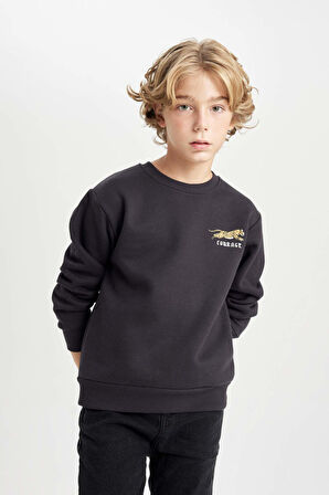 DeFacto Erkek Çocuk Baskılı Bisiklet Yaka Baskılı Kalın Siyah Sweatshirt D3091A824AUAR138