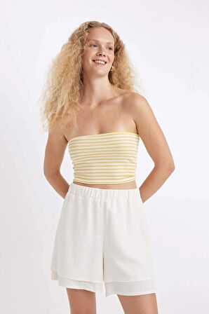 DeFacto Regular Fit Normal Bel Kısa Paça Keten Karışımlı Beyaz Şort D3989AX24HSWT32