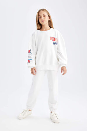 DeFacto Kız Çocuk 2'li Takım Bisiklet Yaka Baskılı Sweatshirt Jogger Eşofman Altı D0726A824AUWT34