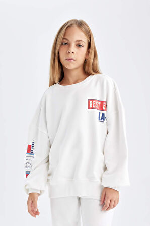 DeFacto Kız Çocuk 2'li Takım Bisiklet Yaka Baskılı Sweatshirt Jogger Eşofman Altı D0726A824AUWT34