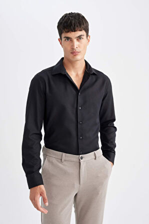DeFacto Slim Fit Dar Kesim Oxford Düğmeli Düz Pamuk Karışımlı Uzun Kollu Gömlek R4340AZ24AUBK27