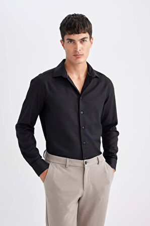 DeFacto Slim Fit Dar Kesim Oxford Basic Düz Pamuk Karışımlı Uzun Kollu Gömlek R4340AZ24AUBK27