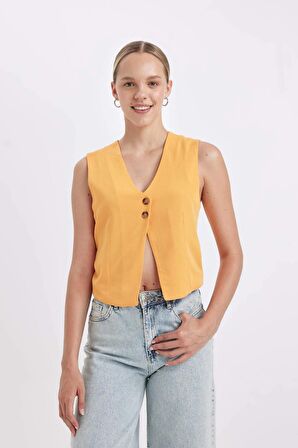 DeFacto Regular Fit V Yaka Keten Karışımlı Yelek D3507AX24HSYL157