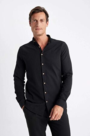DeFacto Modern Fit Polo Yaka Basic Düz Uzun Kollu Gömlek T6284AZ24SMBK27