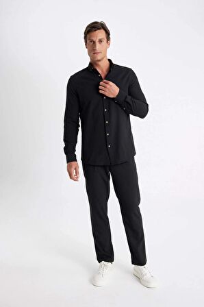DeFacto Modern Fit Polo Yaka Basic Düz Uzun Kollu Gömlek T6284AZ24SMBK27