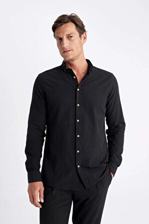 DeFacto Modern Fit Polo Yaka Basic Düz Uzun Kollu Gömlek T6284AZ24SMBK27