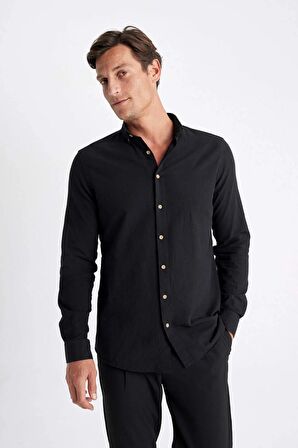 DeFacto Modern Fit Polo Yaka Basic Düz Uzun Kollu Gömlek T6284AZ24SMBK27