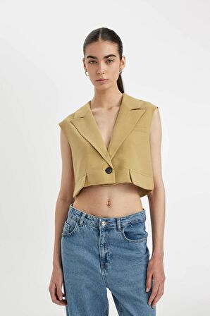 DeFacto Crop Ceket Yaka Basic Düz Blazer Yelek D1199AX24SMKH485