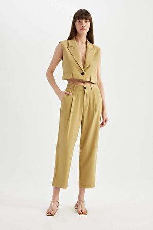 Tapered Fit Cepli Yüksek Bel Kısa Paça Pantolon