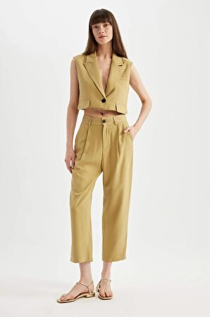 Tapered Fit Cepli Yüksek Bel Kısa Paça Pantolon