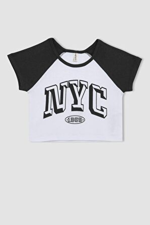 DeFacto Kız Çocuk Crop Bisiklet Yaka Baskılı Kısa Kollu Tişört C4452A824SMAR211