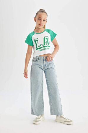 DeFacto Kız Çocuk Crop Bisiklet Yaka Baskılı Kısa Kollu Tişört C4452A824SMGN322