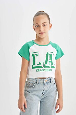 DeFacto Kız Çocuk Crop Bisiklet Yaka Baskılı Kısa Kollu Tişört C4452A824SMGN322