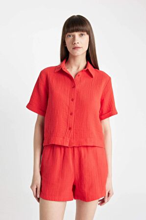 DeFacto Boxy Fit Müslin Kısa Kollu Gömlek D0583AX24SMRD117
