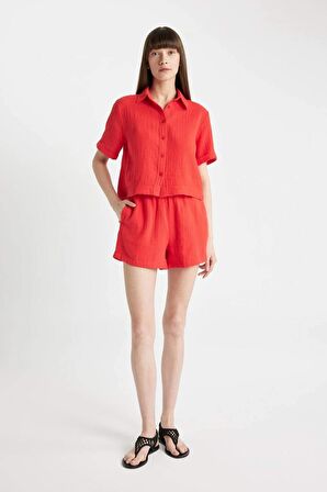 DeFacto Boxy Fit Müslin Kısa Kollu Gömlek D0583AX24SMRD117